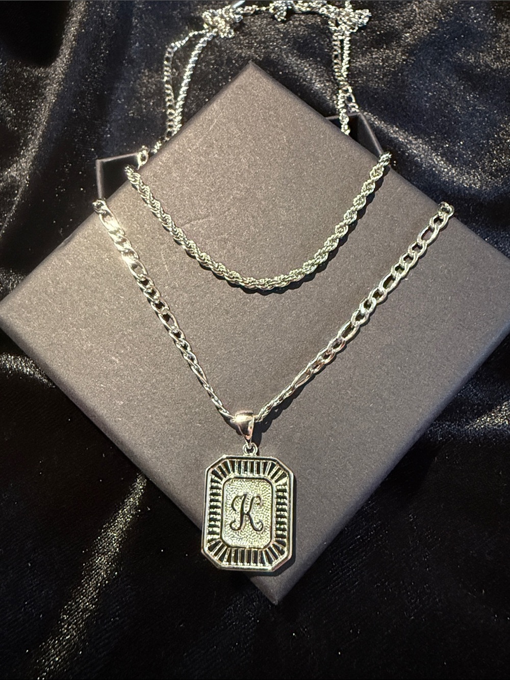 Silver 'K' Monogram Pendant Necklace - Women's Layered Silver Chain Jewelry